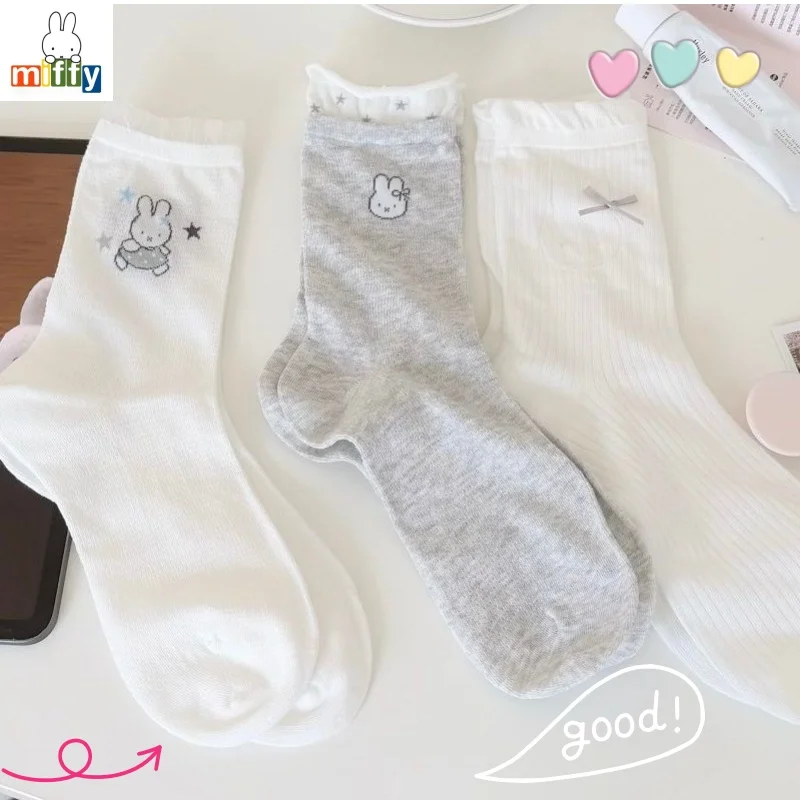 Cute Miffy Crew Socks for Girls, Summer Thin Mesh, White & Gray Cartoon Style