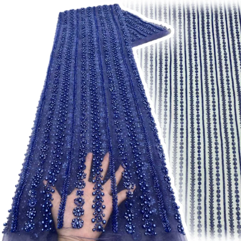 

Dark Blue Lace Fabrics Beaded African Lace Fabric 5 Yards Tulle Mesh Sequins Embroidered for Weddings Party Dresses French 2010