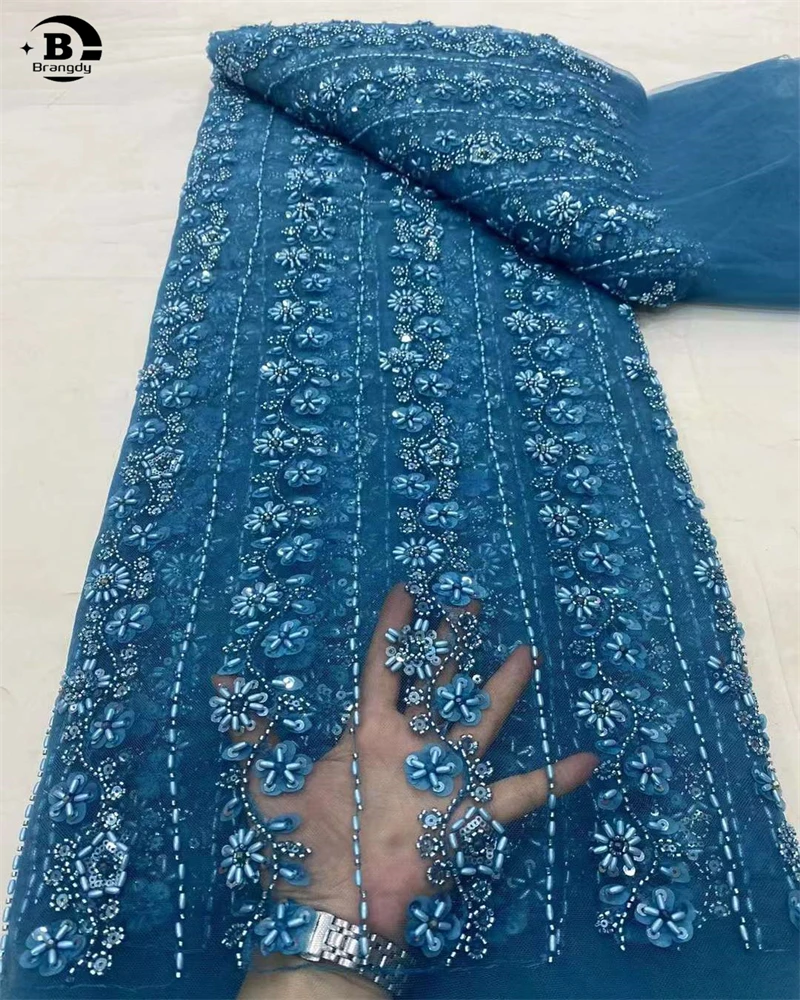 

High Quality Beaded Lace Fabric Luxury Sky Blue for Bridal Wedding Material with Sequins Tulle Lace Party Evening Dress Women