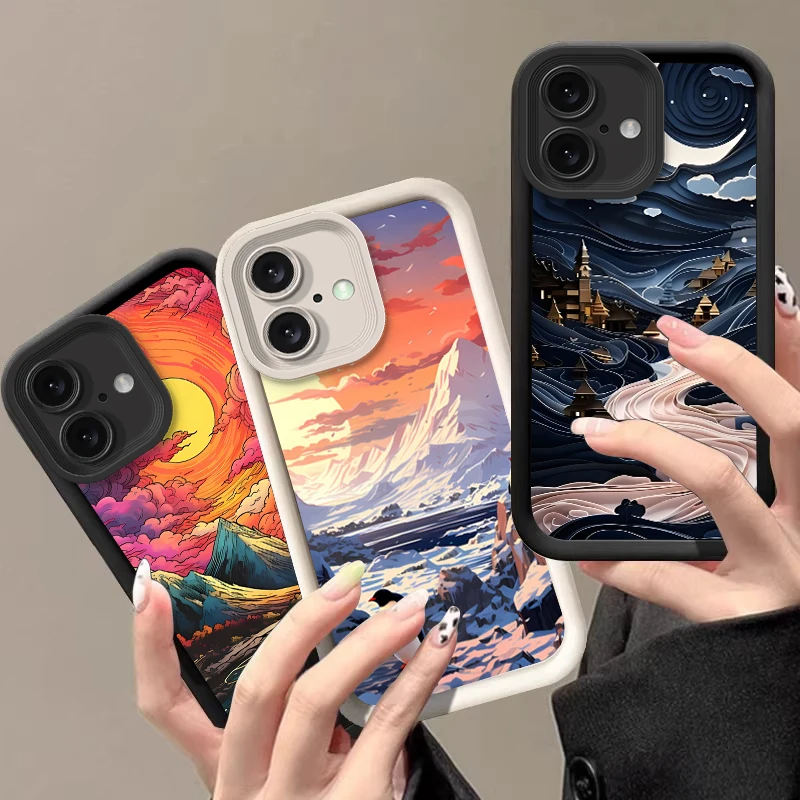 Cartoon scenery For IPhone 16 11 13 14 12 Pro Max 15 Plus SE 2020 X XR XS Max 8 7 Plus Mini black Soft Silicone Phone Case