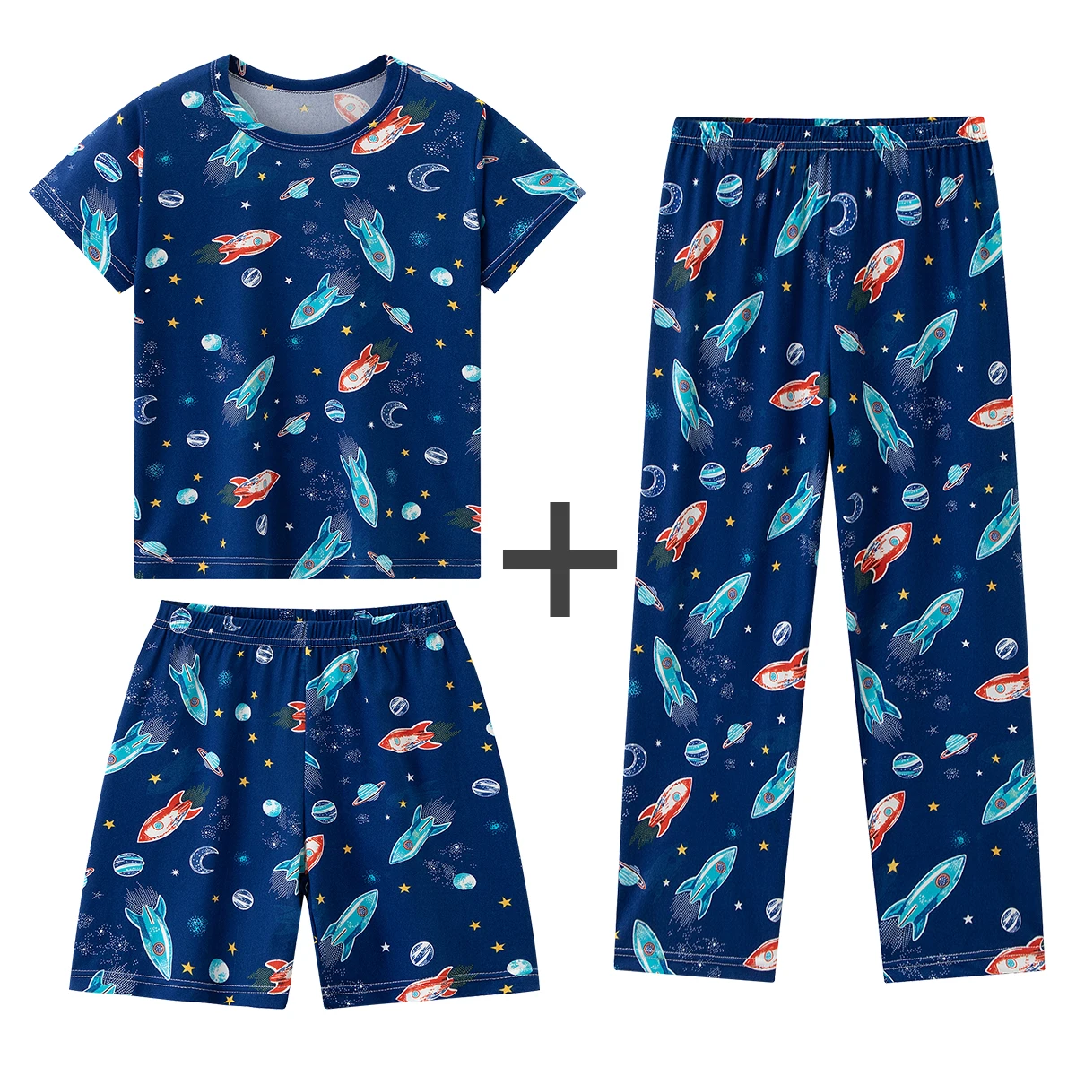 3-Piece Children's Multi-Color Combination Print Set For Boys And Girls Comfortable And Soft Home Short-Sleeved Shorts Long Pant
