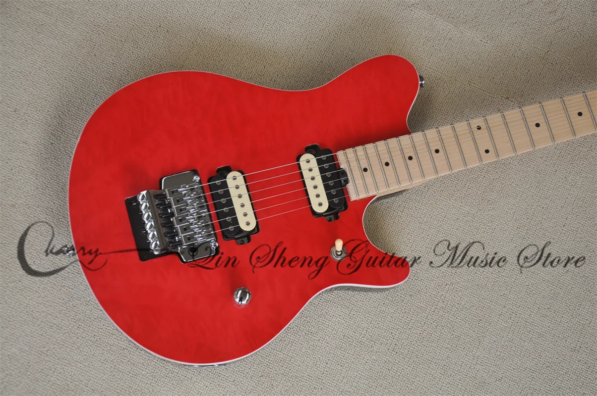 Orange Red Electric Guitar Basswood Body Squilted Maple Top Tremolo Bridge Maple Neck HH Pickups