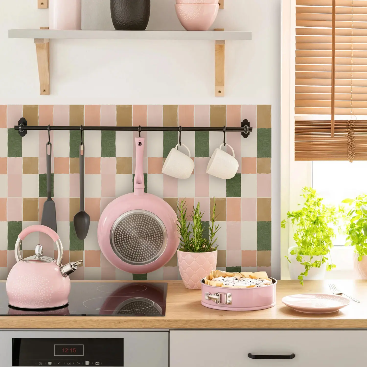 1 ensemble 10 pièces rétro rose et vert carrelage en vinyle peler et coller cuisine et salle de bain panneau de dosseret, escaliers, Renter amovible amovible