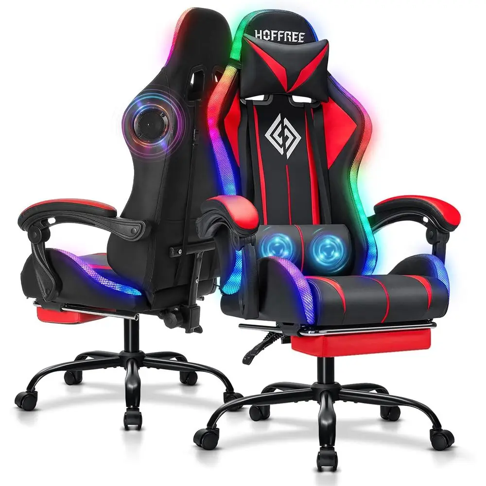 RGB Gaming Chair with Bluetooth Speakers and LED Lights Ergonomic Massage Computer Game Chair with ootrest High Back Music Video