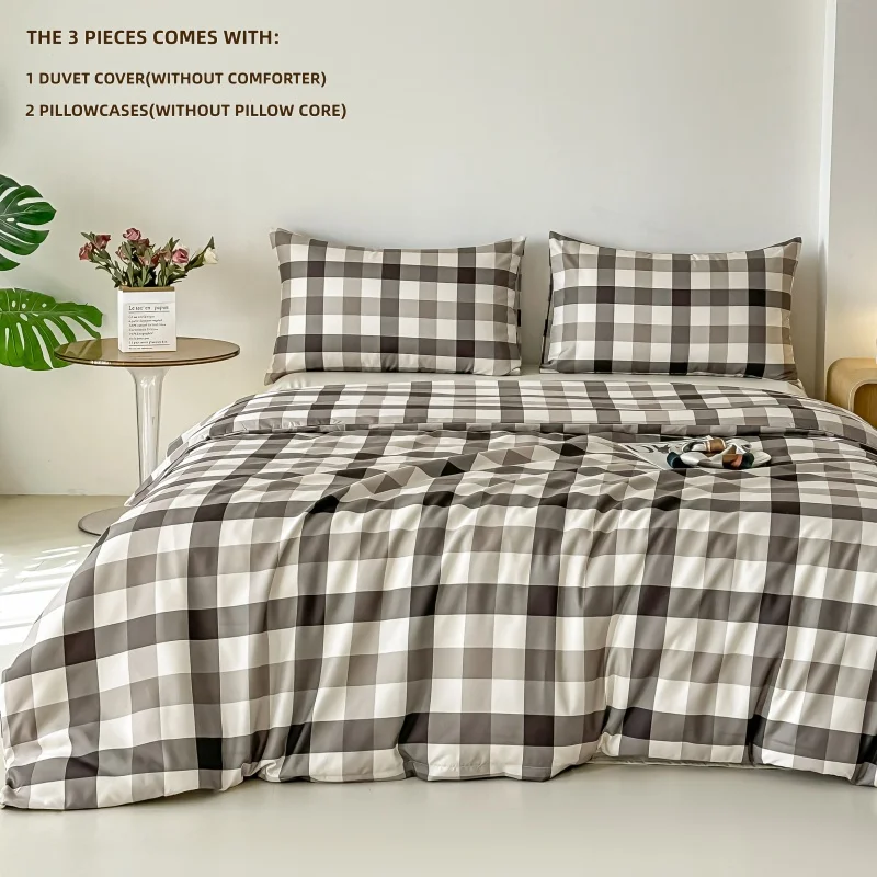 3pcs brown plaid Duvet Cover Set (1*Duvet Cover + 2*Pillowcase, Without Core),Bedding Set