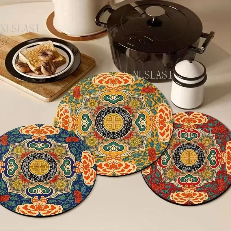 5pcs Vintage Chinese Mandala Floral Round Table Placemat Non Slip Waterproof Heat Insulation Table Pad for Dining Kitchen Decor