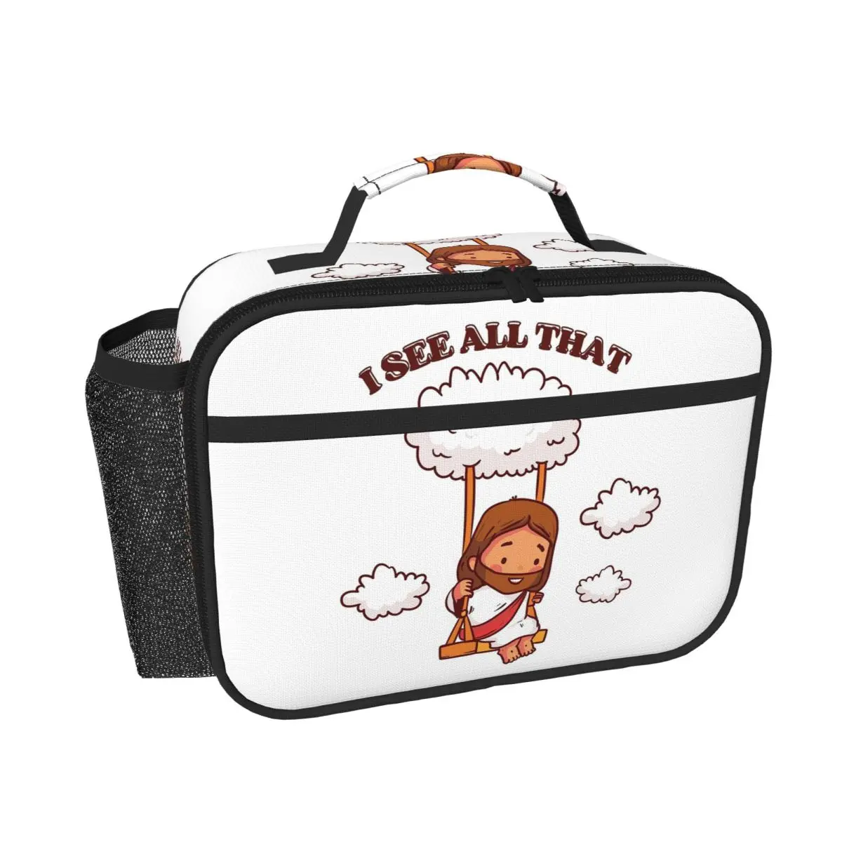 I See All That Cute Jesus On A Cloud Swing Insulated Lunch Bag for Women Children Portable Food Boxes Thermal Lunch Box Tote