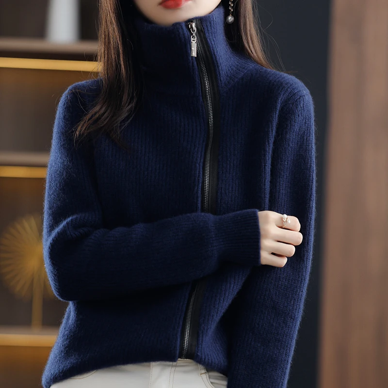 

Basic 100% Merino Wool Stand-Up Collar Zipper Cardigan Cashmere Solid Color Slimming Fashionable Temperament Clothing Top