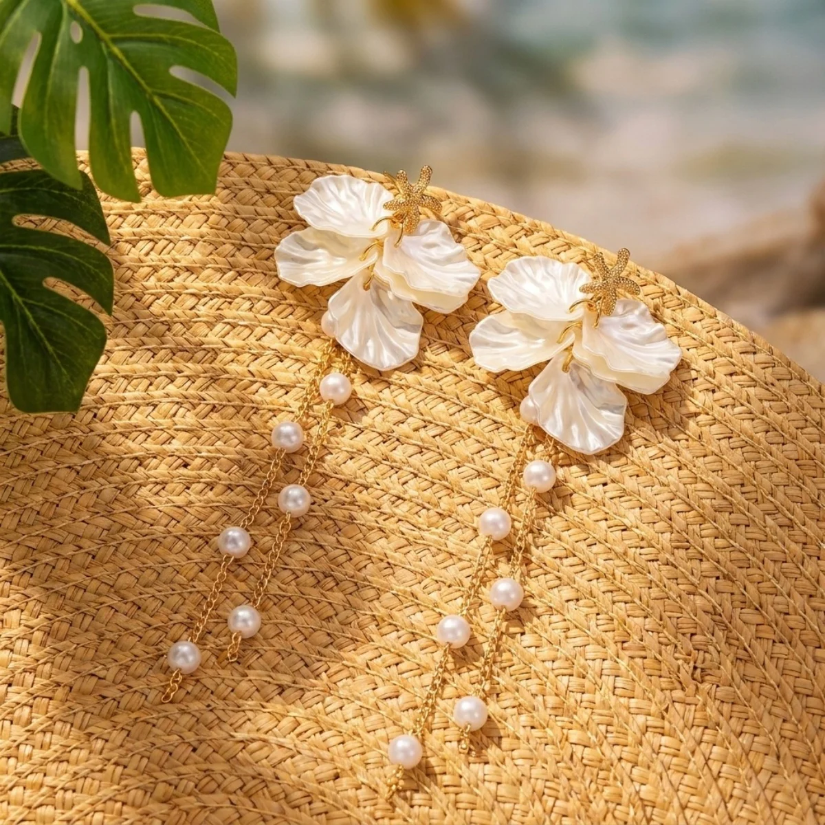 Ozean-Seestern-Ohrringe aus Acryl mit simulierten Perlenketten und Quasten für Damen, Sommer-Muschel-Seepferdchen-Schildkröten-Ohrringe, Schmuck – Detail 21