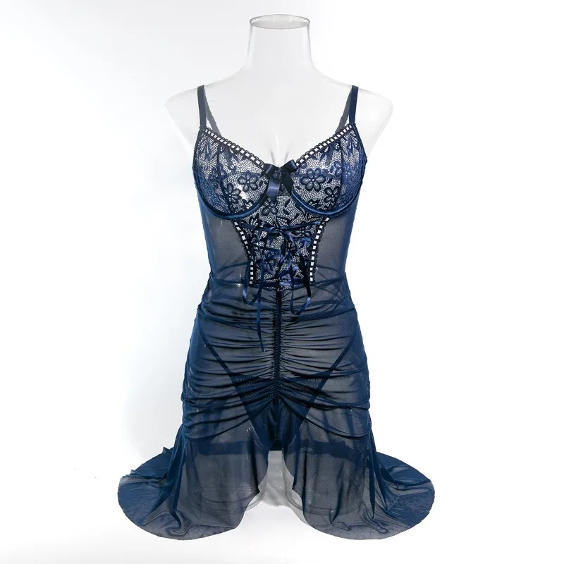 Tornova Lingeries Sexy Hot Women's Ethical Underwear Sexy Pajamas Lace Hollow Strap Design Mesh Perspective Suspender Dress Set