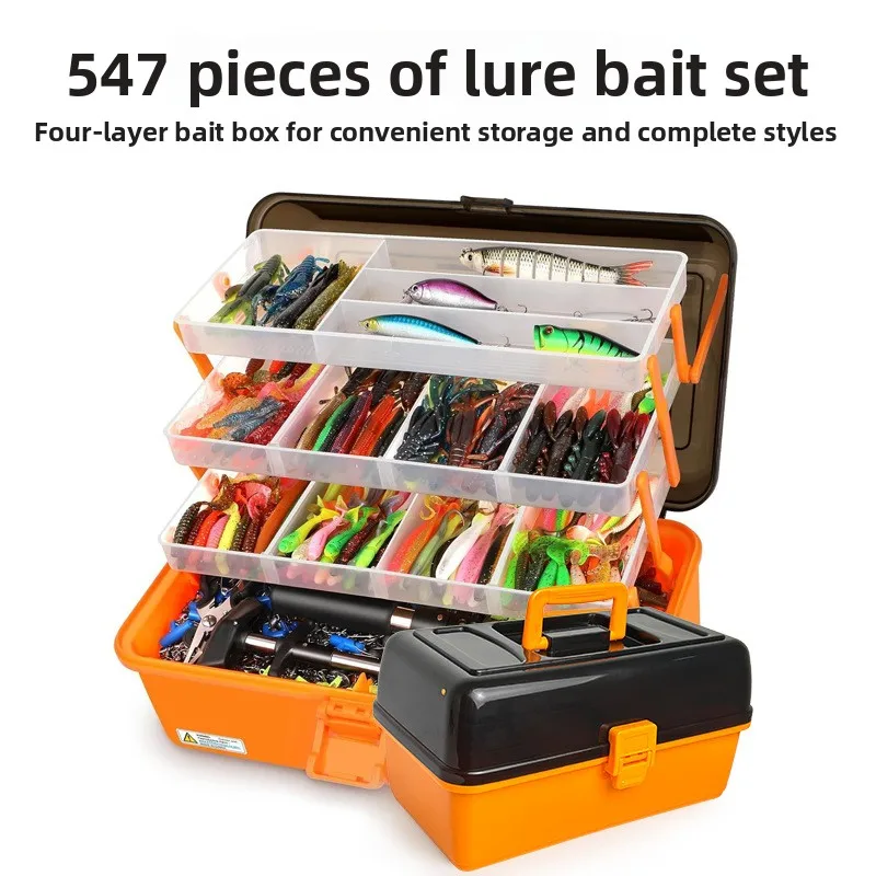 Large 4-Layer Outdoor Fishing Soft Lure Lead Head Hook 547-Piece Storage Box with Orange Accessories