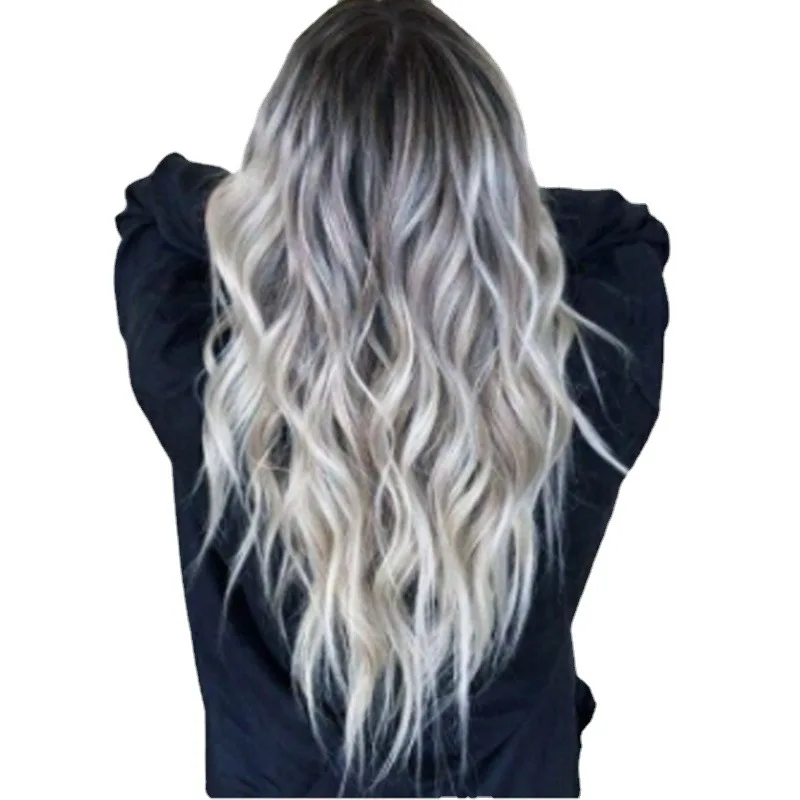 Lange krullende pruik Gebleekte en geverfde lange krullende pruik van middelbare scheiding COS Grijze gradiënt Lange krullende pruik Hoofddeksel van synthetische vezels