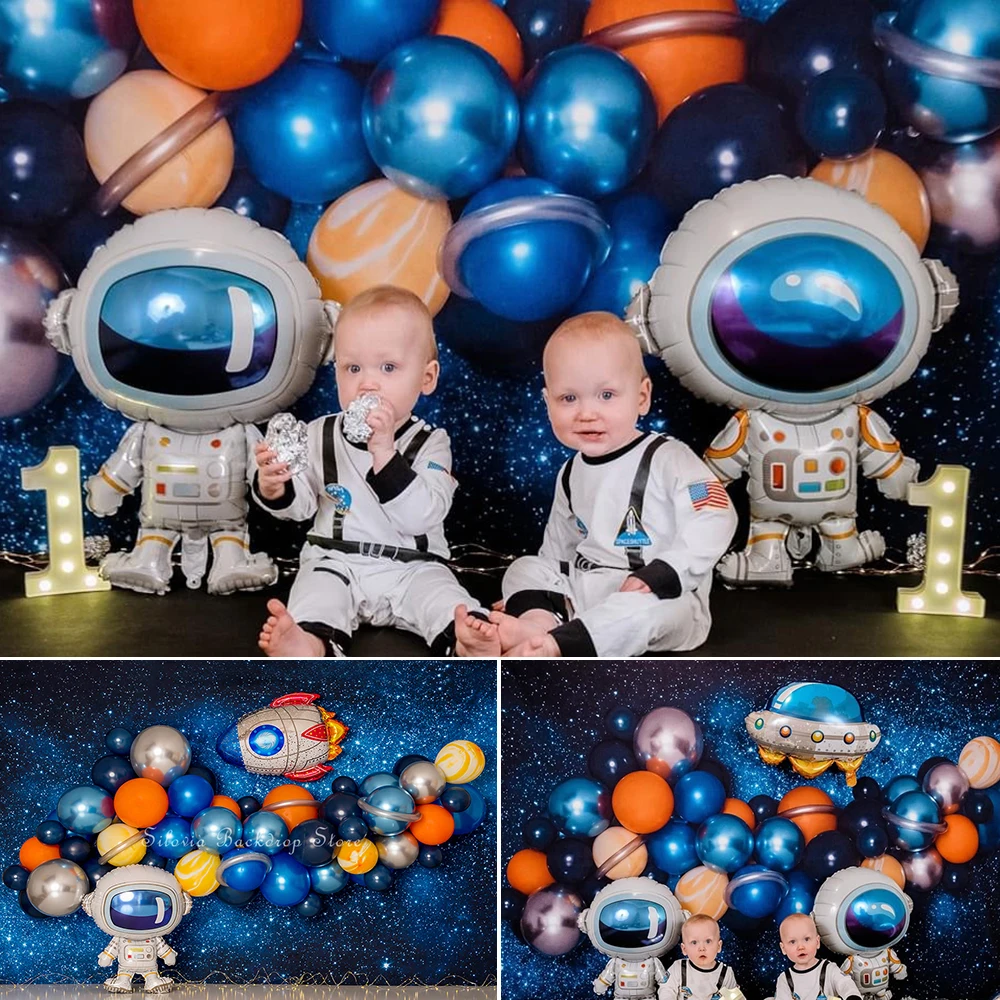 Fondo de fotografía con temática espacial para niños, astronauta, decoración de fiesta de primer cumpleaños, pastel de niño, accesorios de estudio fotográfico