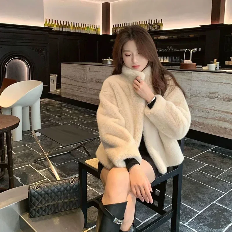 Biyaby Korean Thicken Faux Fur Coats Woman Simple Lambswool Warm Jackets Ladies Streetwear Long Sleeve Winter Plush Overcoat