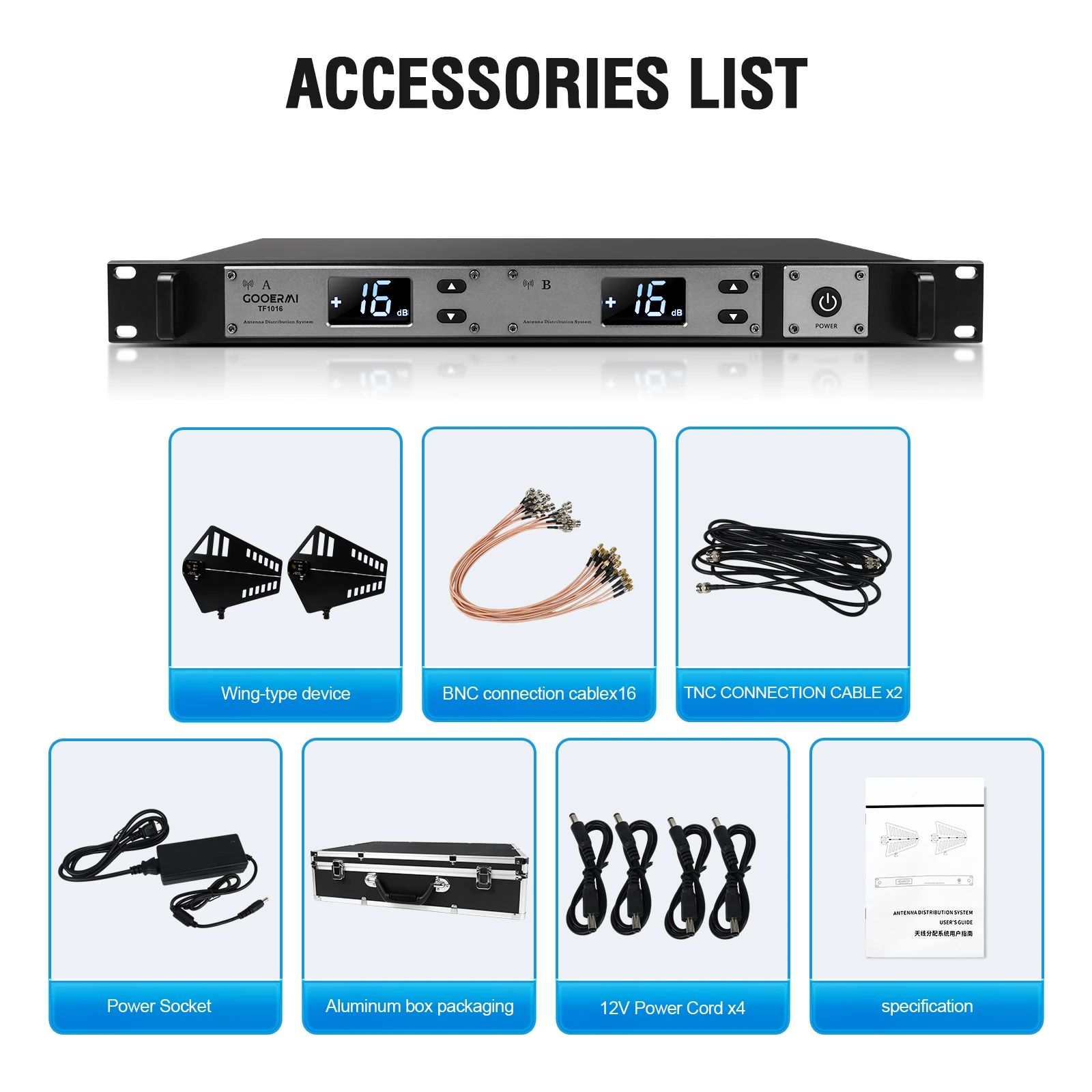 GOOERMI TF1016 16 Channel UHF Mic Antenna Distribution System RF Signal Booster Amplifier 450-960MHz Wireless Microphone Splitte