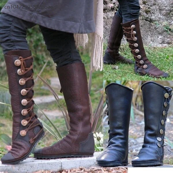 

Medieval Steampunk Vintage Women's PU Leather Viking Pirate Boots Retro Buckle Men's Knight Hunter Carnival Party Cosplay Shoes