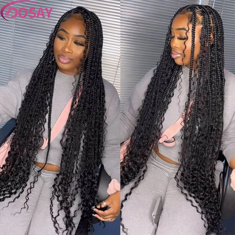 Black Synthetic Full Lace Box Braided Wig 32'' Bohemian Silky Square Part Braid Lace Front Wig Goddess Braids Wig with Curly End