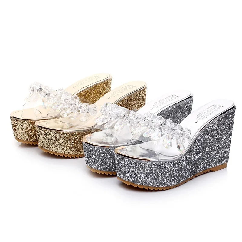 New Summer Flower Decoration Platform Wedges Sandals Women Fashion Silver High Heels Female Classic Summer Gold Shoes Size 34-40