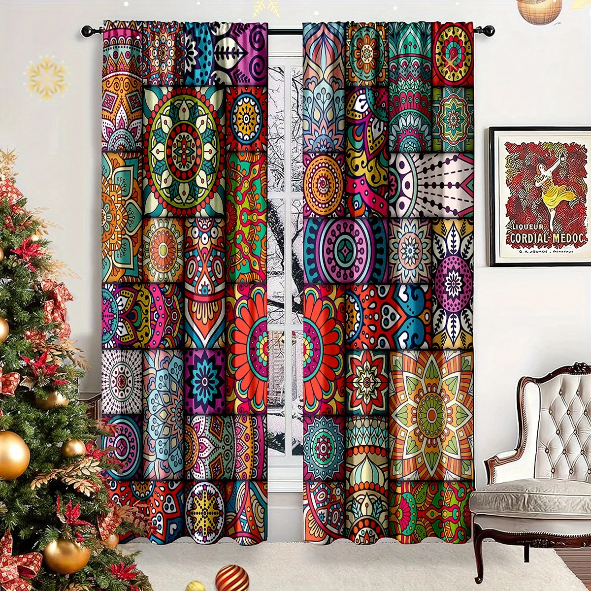 

2PC Bohemian Mandala Print Curtains - 2D Flat Woven Drapes for Cozy Bedroom & Stylish Office Decor