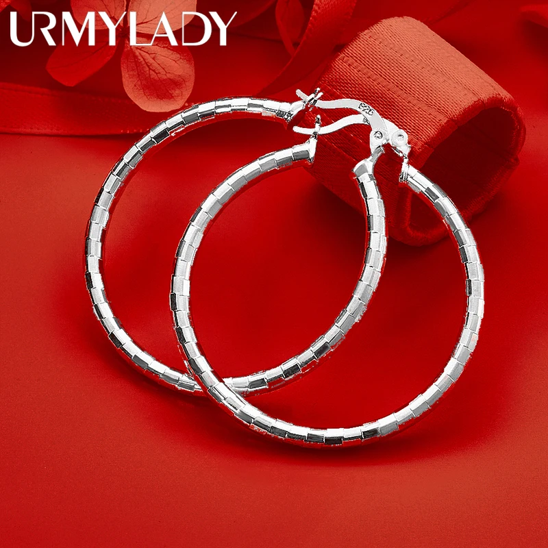 

URMYLADY стерлингового серебра 925 пробы 40 мм клетчатые серьги-кольца для женщин, помолвка, свадьба, вечеринка, модные очаровательные ювелирные изделия