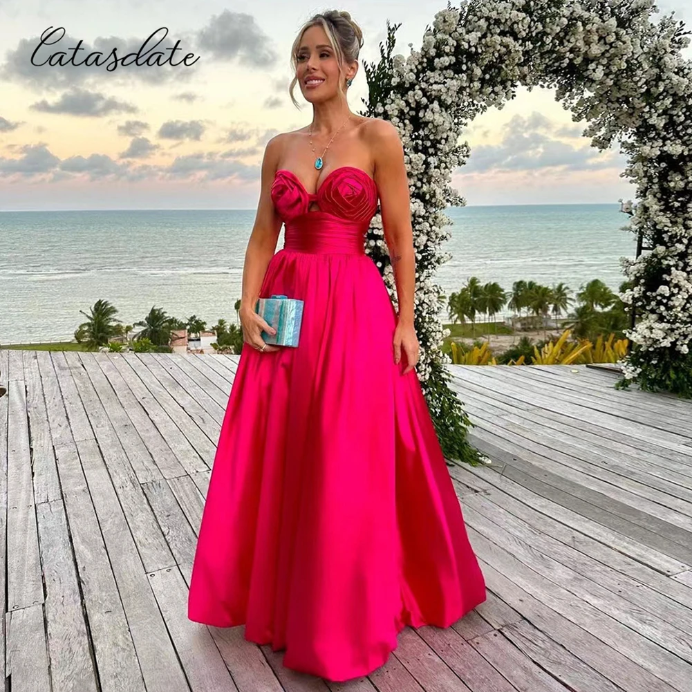 Catasdate Fuchsia Evening Party Dress Flowers A Line Prom Party Gown for Women Strapless Chirstmas Party Wear New Year Dress