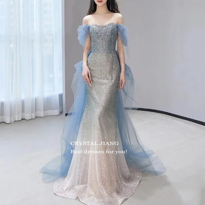 Синие вечерние платья русалки с блестками и бисером, с открытыми плечами, Официальные Вечерние платья для женщин