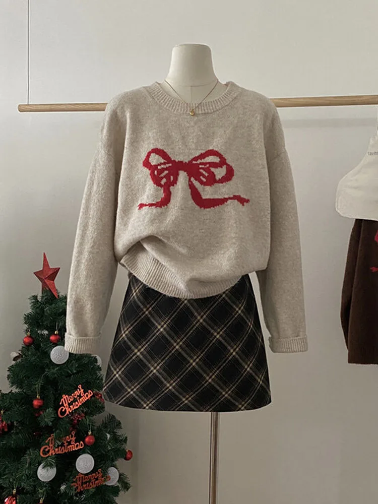 Sweet Knitted Sweater Women Oversized Bow Embroidery Pullover Korean Fashion Casual Jumper All-Match Autumn Winter High Street