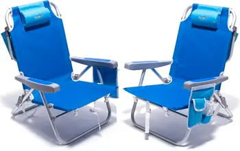 เก้าอี้ชายหาดสําหรับผู้ใหญ่ 2 แพ็ค 5 ตําแหน่งวางแบน,กระเป๋าเป้สะพายหลังพับแบบพกพาเก้าอี้ชายหาด Heavy Duty พร้อมกระเป๋าเก็บความเย็น,ที่วางแก้ว