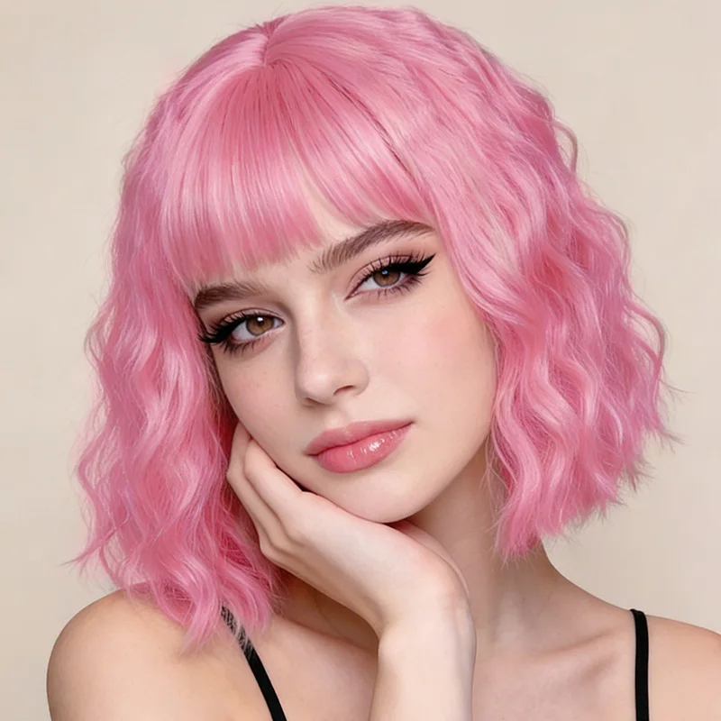 Pink curly hair European and American women's wavy short bob synthetic fiber wig