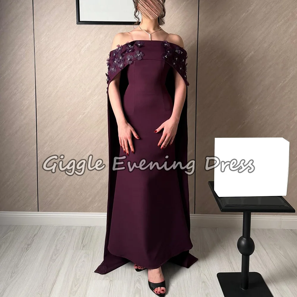 Fashion Jersey Flower Mermaid Off-the-shoulder Evening Dresses Ankle Length Purple Crepe Formal Party Gown for Women Customized