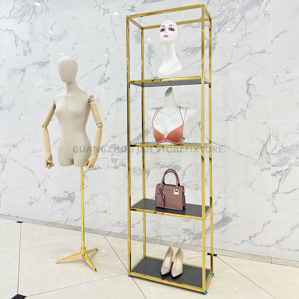 Personalizzato. Espositore per negozio di parrucche in acciaio inossidabile oro lucido Parrucca per manichino 4 strati Scaffali espositivi Scaffali per negozi di borse