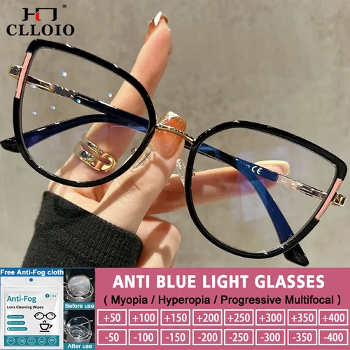 CLLOIO gafas de lectura cuadradas con forma de ojo de gato y montura grande, gafas de miopía Premium a la moda para mujer, gafas graduadas con luz azul