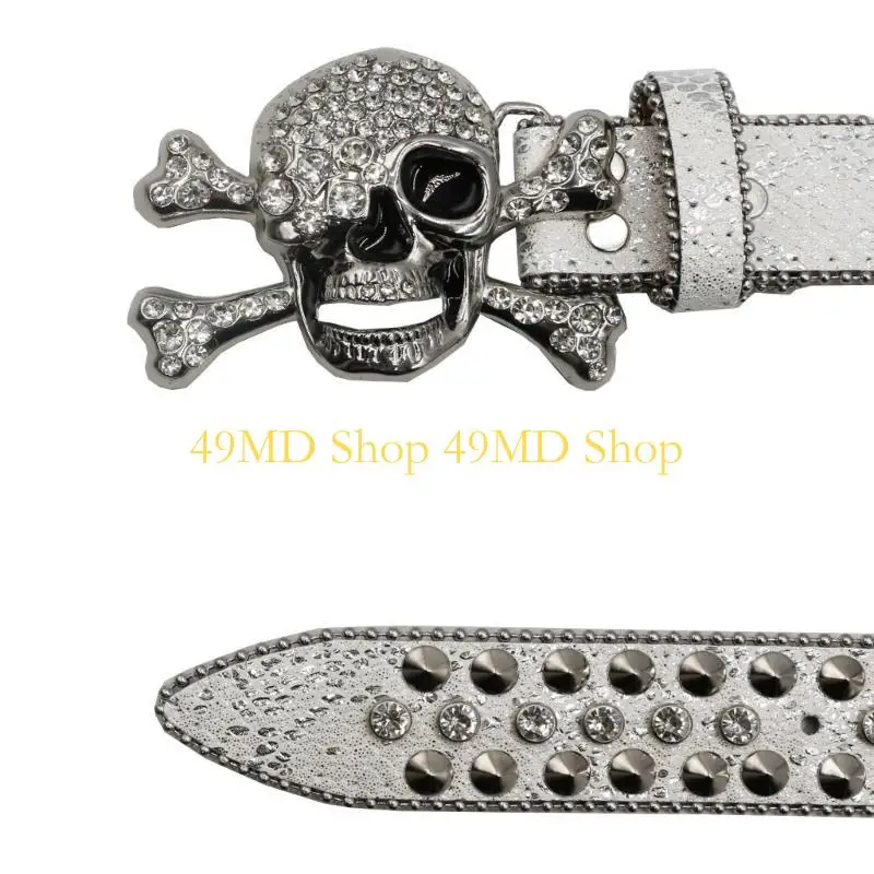 49MD Popular Skull Buckle Belt for Adult Rhinestones Rivet Belt All Matching Blingbling Western Belt for Daily and Club