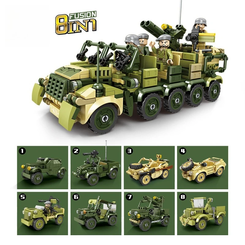 Military 8-in-1 Half-track Tractor Assembly Model, Small Particle Building Blocks Puzzle Toy