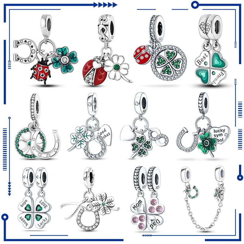 

2023 New in Green Lucky Clover Charms Original Bead Fit Pandach Bracelet Necklace Women Sterling Silver 925 DIY Pendant Jewelry