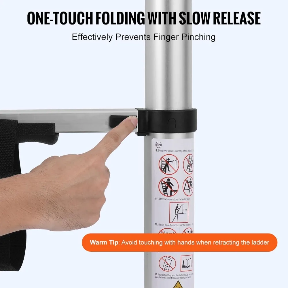 Escada telescópica de alumínio de 8,5 pés, retração de um botão, capacidade de 375LBS, pés antiderrapantes para uso doméstico/RV
