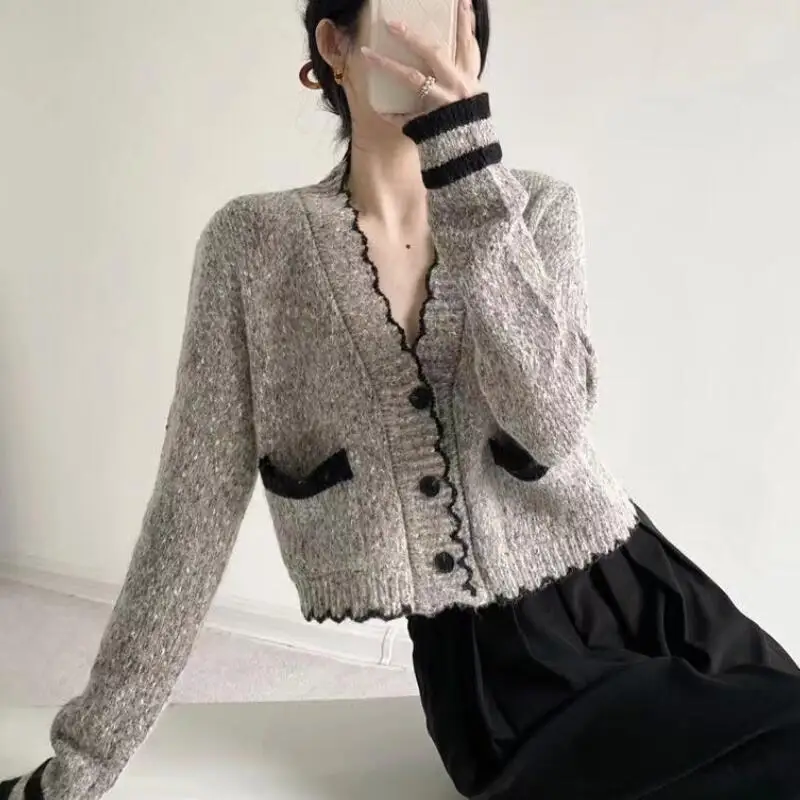 

Модный женский вязаный кардиган в весеннем французском стиле, укороченный свитер-жакет с V-образным вырезом, трендовый топ