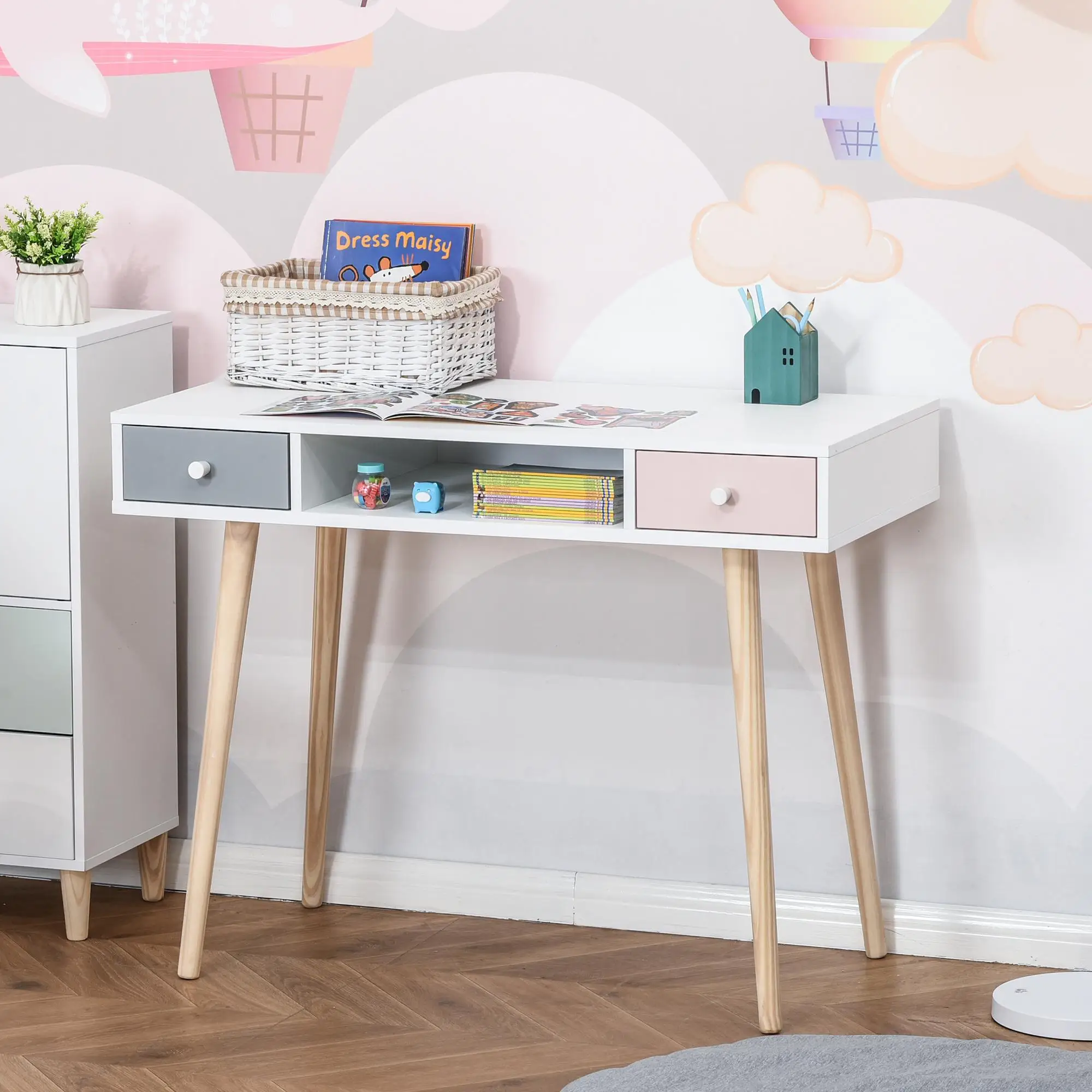 Bureau enfant 100x48x76,5 cm avec 2 tiroirs MDF & Bois de pin Rose Gris pour chambre d'enfant