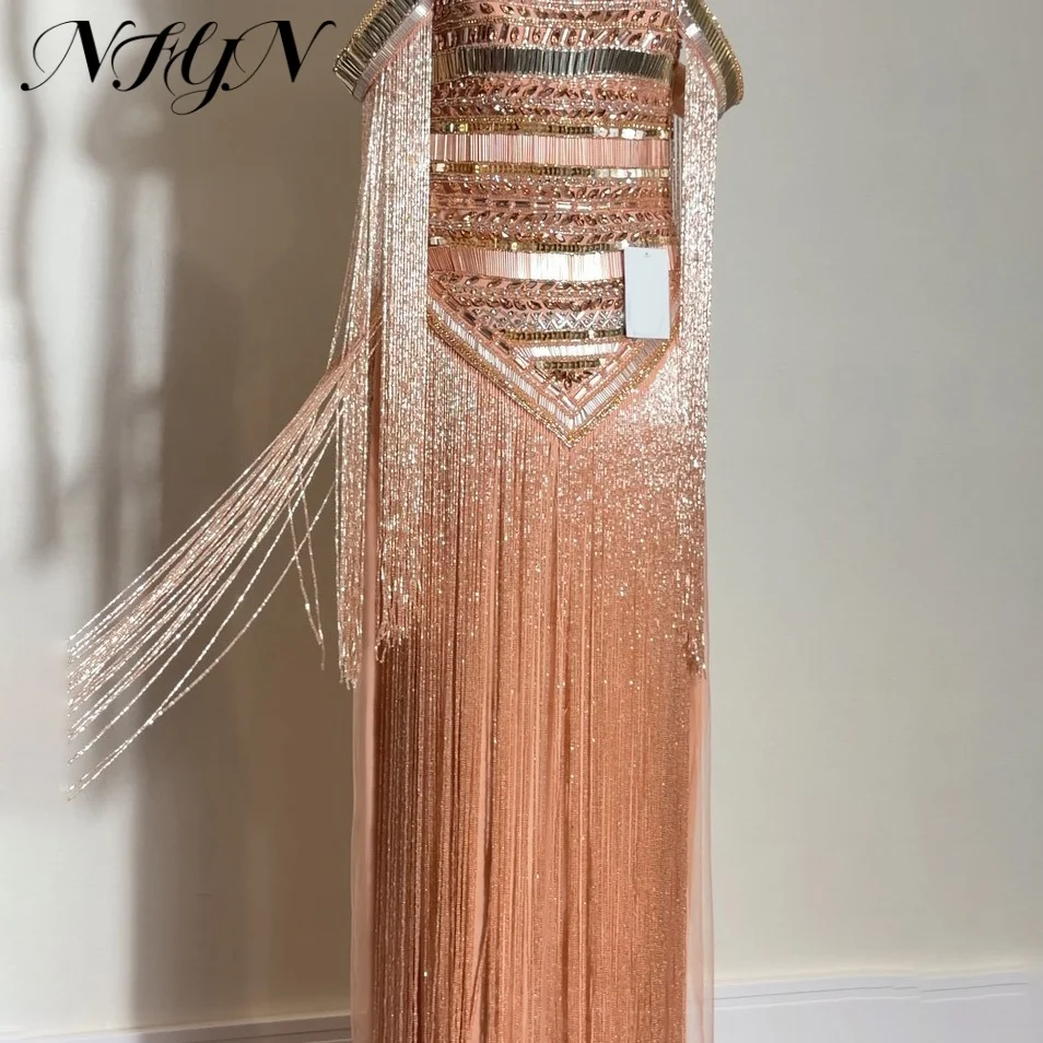 NFYN Rose Gold Off Shoulder Prom Gown Heavy Crystal Beaded Long Fringe Sleeve Shiny Mesh Evening Dress فساتين الحفلات Customized image 3
