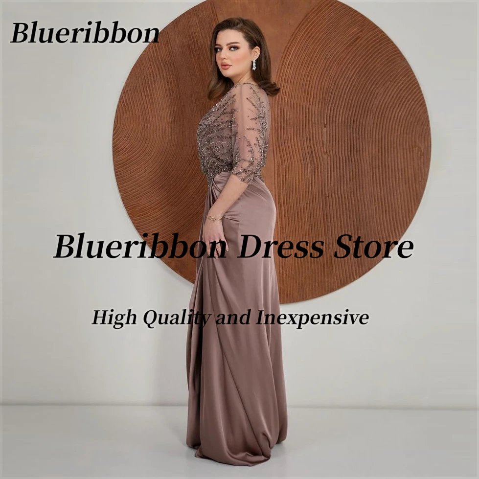 Blueribbon Evening Party Dress Women Elegant Luxury Beaded Mother of the Bride Weddings Ruched Front Slit Mermaid Prom Dresses