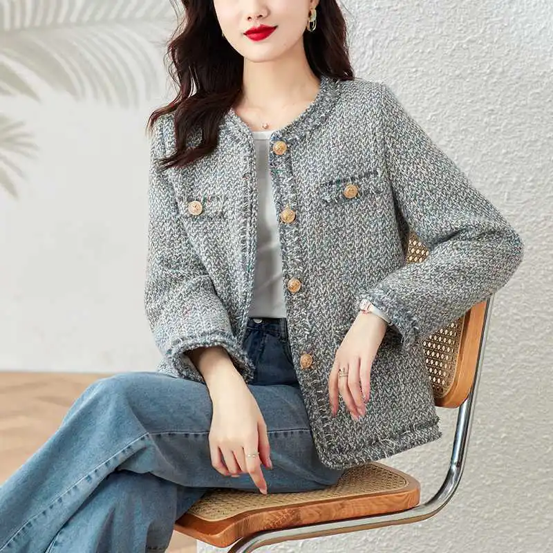 Tweed Jacket Light blue spring / autumn /winter women's jacket coat classic ladies wild ladies bright wire braided tweed jacket