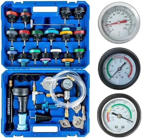 

Набор для проверки давления охлаждающей жидкости SIXIWANZI, 34 предмета, с 25 адаптерами – универсальный инструмент для обнаружения утечек в радиаторах и вакуумной заправки.