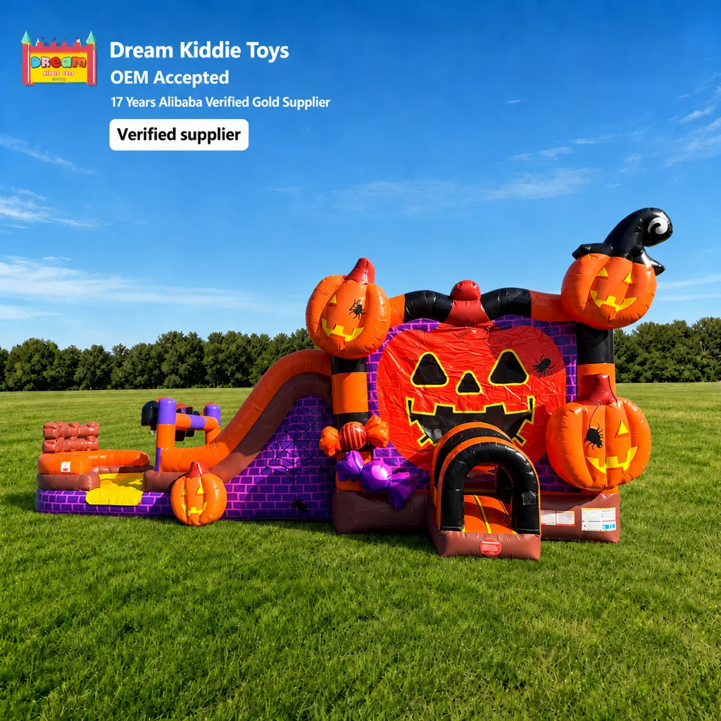 Commercial Halloween Pumpkin Inflatable Bounce House With Slide Combo Outdoor PVC Bouncing Castle