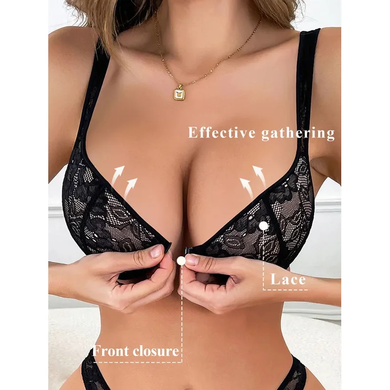 Plus Size Front Closure Lace Bra Women Underwire Sexy Elegant Front Hook Support Lingerie