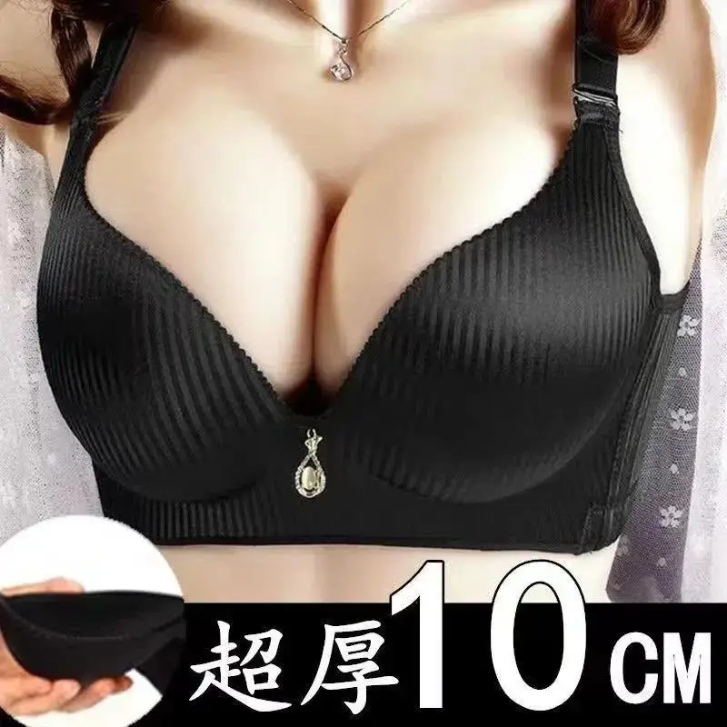 Gather the thickened bra, female, without steel ring, small black chest, 8cm larger, Mantou adjustable sexy underwear, female