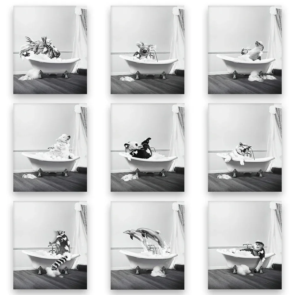Wild Animal Bathtub Black White Art Prints Panda Whale Dolphin Bear Dog Canvas Poster Nordic Wall Pictures Bathroom Toilet Decor