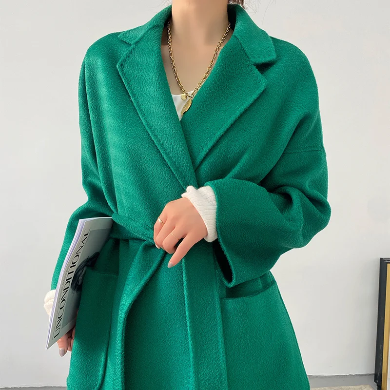 

Autumn Winter Fashion Double-sided Cashmere Coat Women High-end Thick Water Ripple Cropped Wool Coat Loose Lapel Neck with Belt