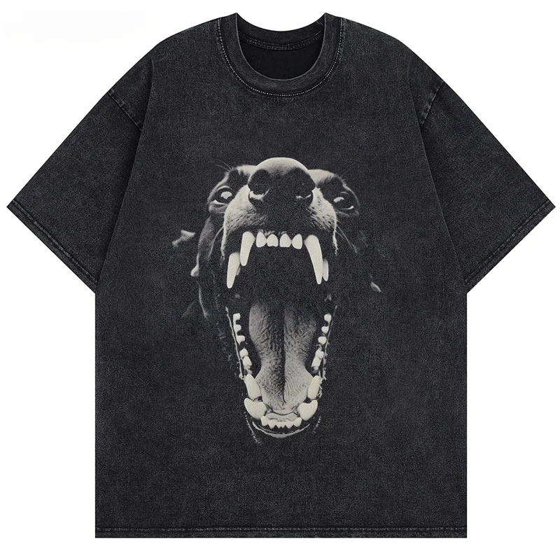 Vintage Oversize T-Shirt Doberman Dog Graphic Print Punk Gothic Tshirt Streetwear Hip Hop Washed Black Shirts 2024 Harajuku Tops