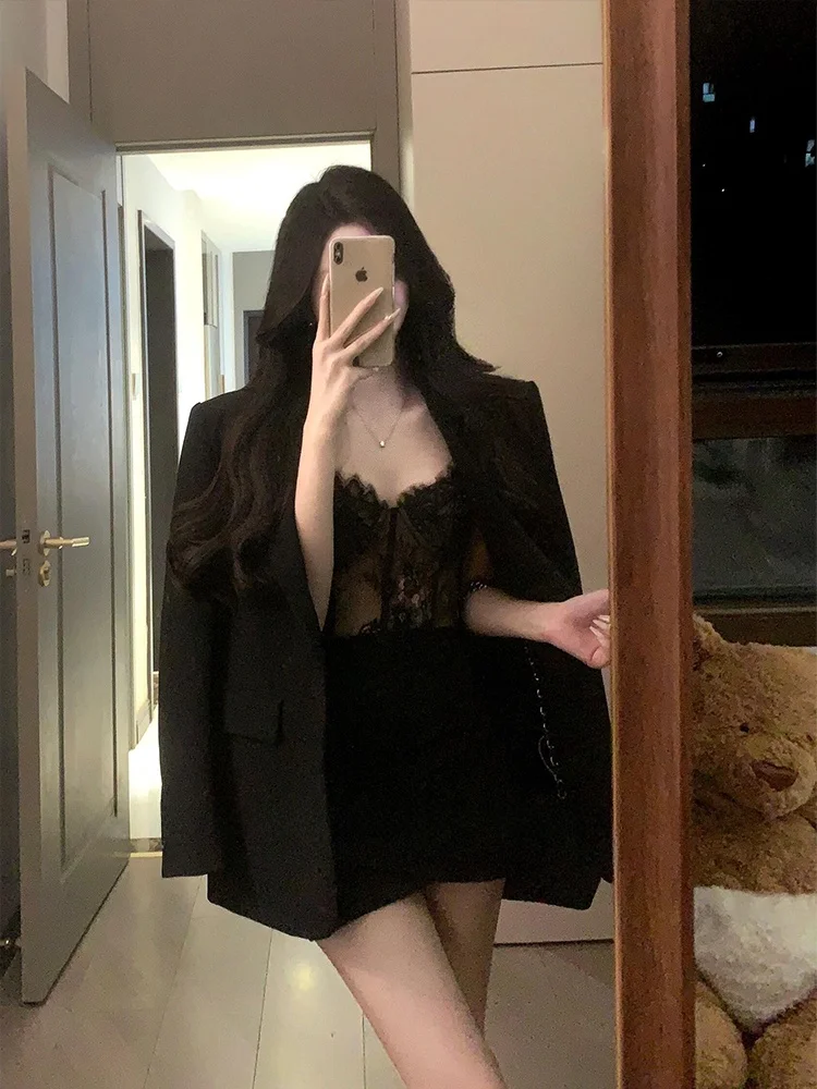 

Sexy Lace ter Suit Jaet And Skirt Set by SYJ Comfortable High Waist A-Line ort Skirt Long Sve High Ne Korean Sle