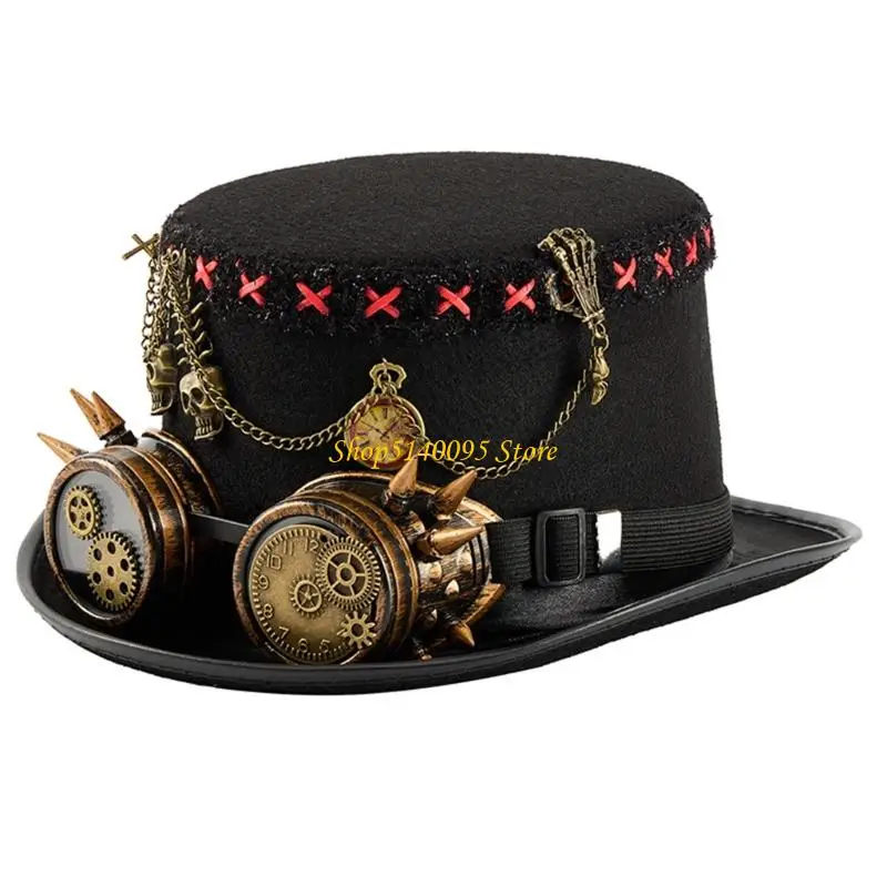 

DXAE Vintage Mechanical Chain Top Hat And Vintage Goggles Costume Accessories Top Hat For Cosplay Event And Theme Parties